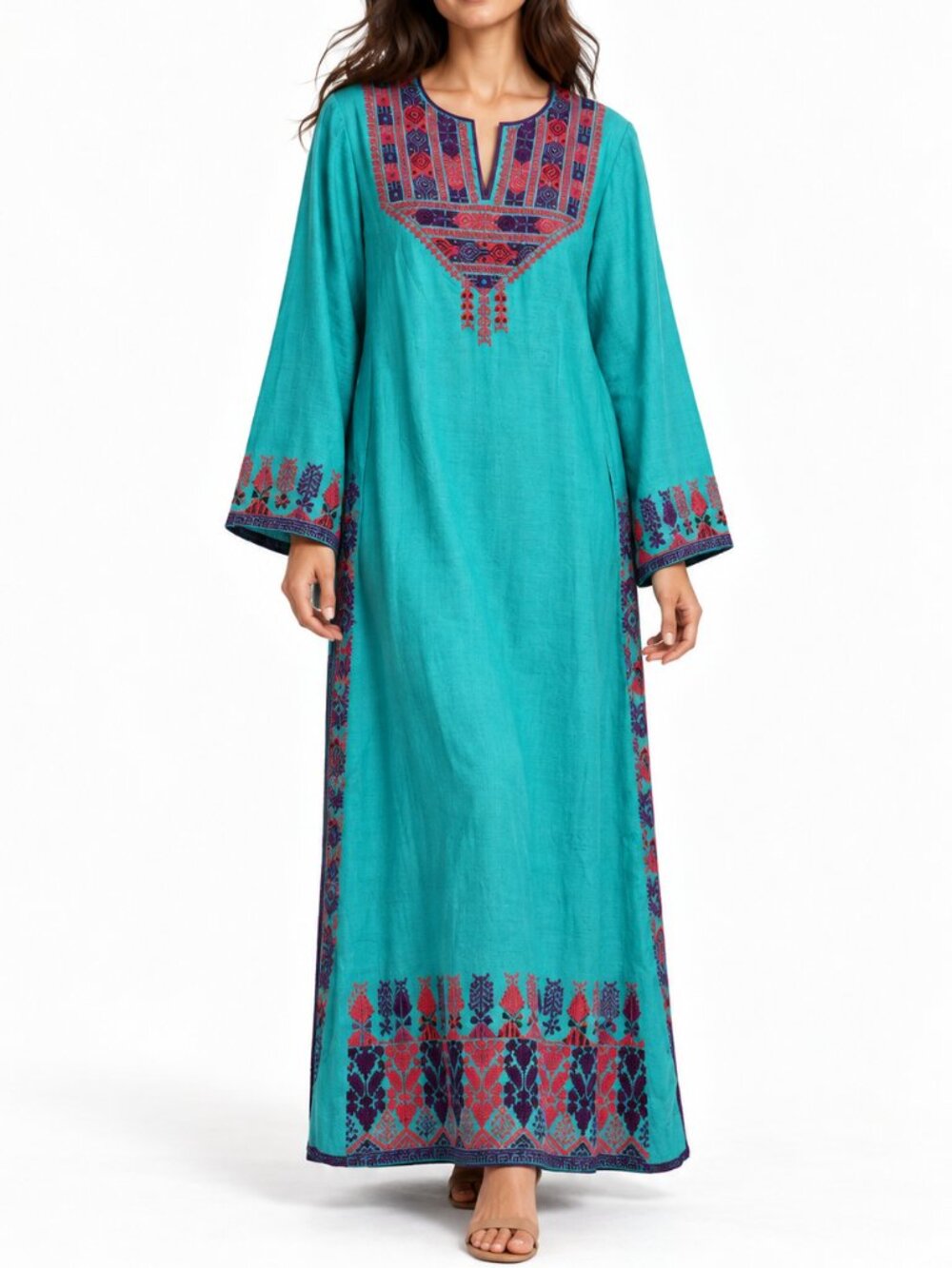 Vintage Palestinian Tatreez Embroidered Thobe Turquoise Artisan Dress
